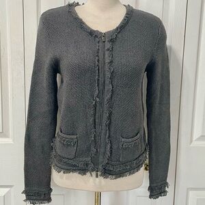 Cotton by Autumn Cashmere Zip Up Fringed Gray Women's Sweater